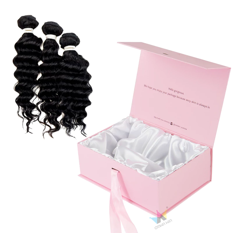 Custom Logo Pink Luxury Magnetic Wig Bundle Packaging Box Magnetic Closure Hair Storage Paper Boxes with Satin Insert Crown Win Package Factory