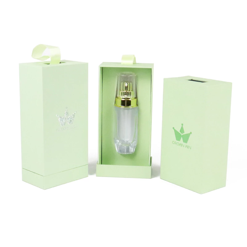 Custom Colorful Coated Paper Drawer Perfume Box Packaging with Hard EVA Insert/Ribbon Handle | Crown Win Packaging Box Factory