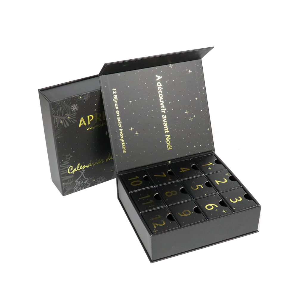 Customized high-end black gold hot stamping printing 12-day surprise calendar gift box Crown Win Package Factory
