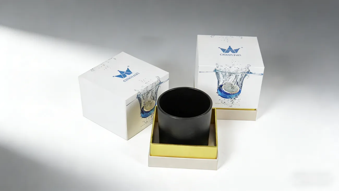 High end customized hard paper candle can gift box produced by Crown Win Packaging, with EVA lining and hot stamping logo