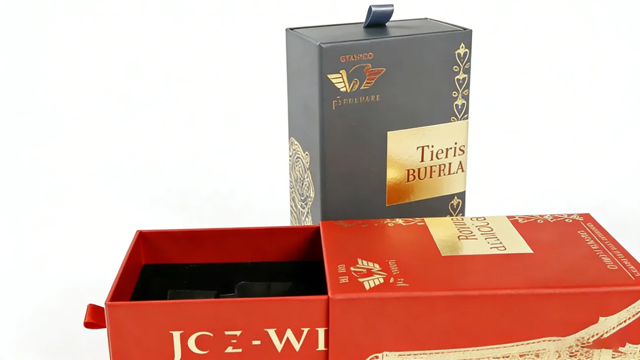 Crown Win Package's luxurious custom drawer-style perfume boxes feature gold-stamped logos and velvet linings.
