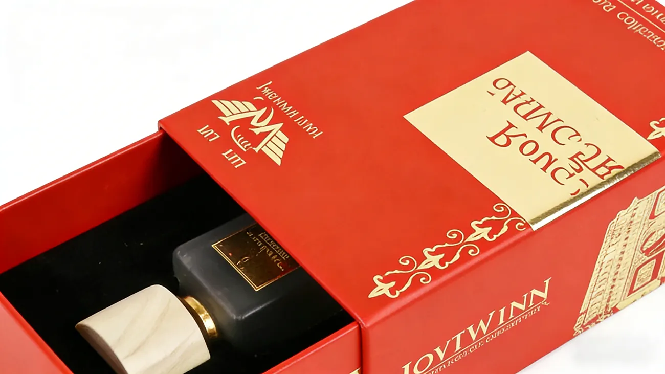 Custom drawer-type perfume packaging boxes, featuring gold-stamped logos and velvet linings.