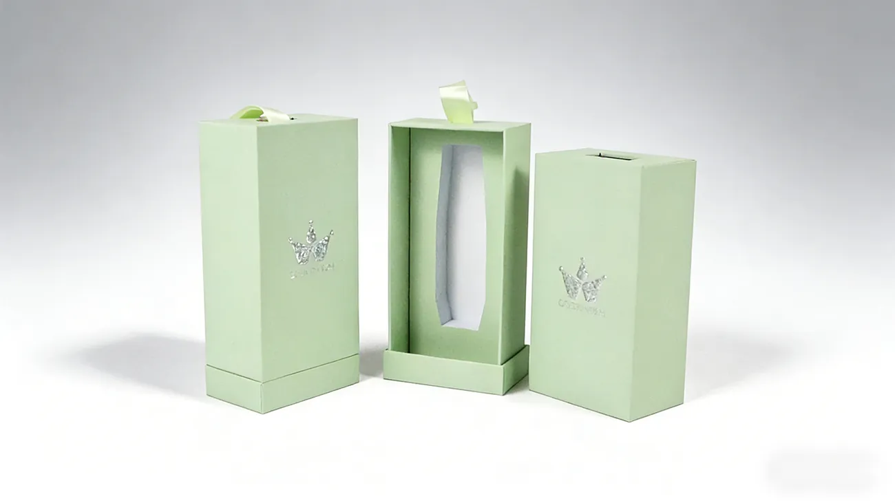 Custom colorful coated paper drawer perfume box with hard EVA insert and ribbon handle, premium luxury perfume packaging solution from Crown Win