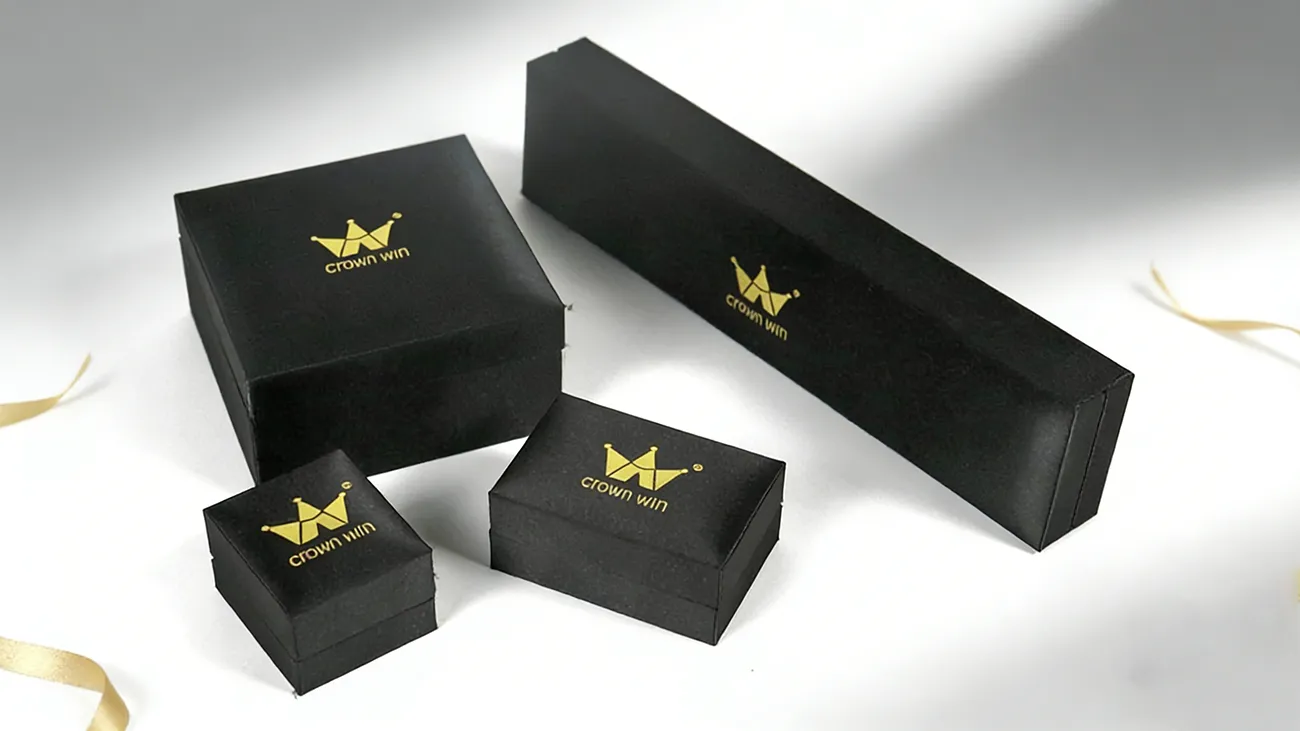 Custom luxury hot-stamped logo jewelry packaging box for earrings and necklaces, eco-friendly cardboard jewelry flip-top box with velvet lining, Crown Win custom jewelry packaging with hot-stamped logo