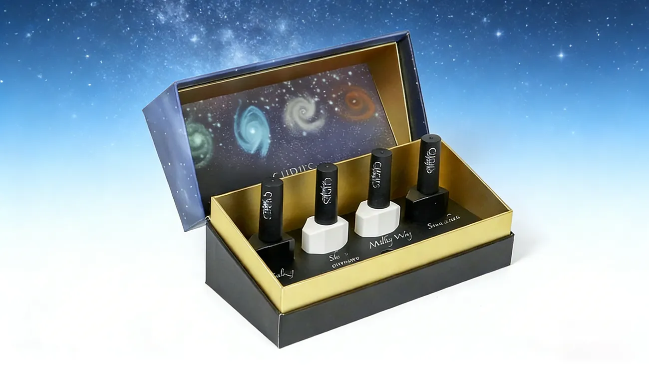 Custom rigid cardboard nail polish set packaging box with gold hot stamping