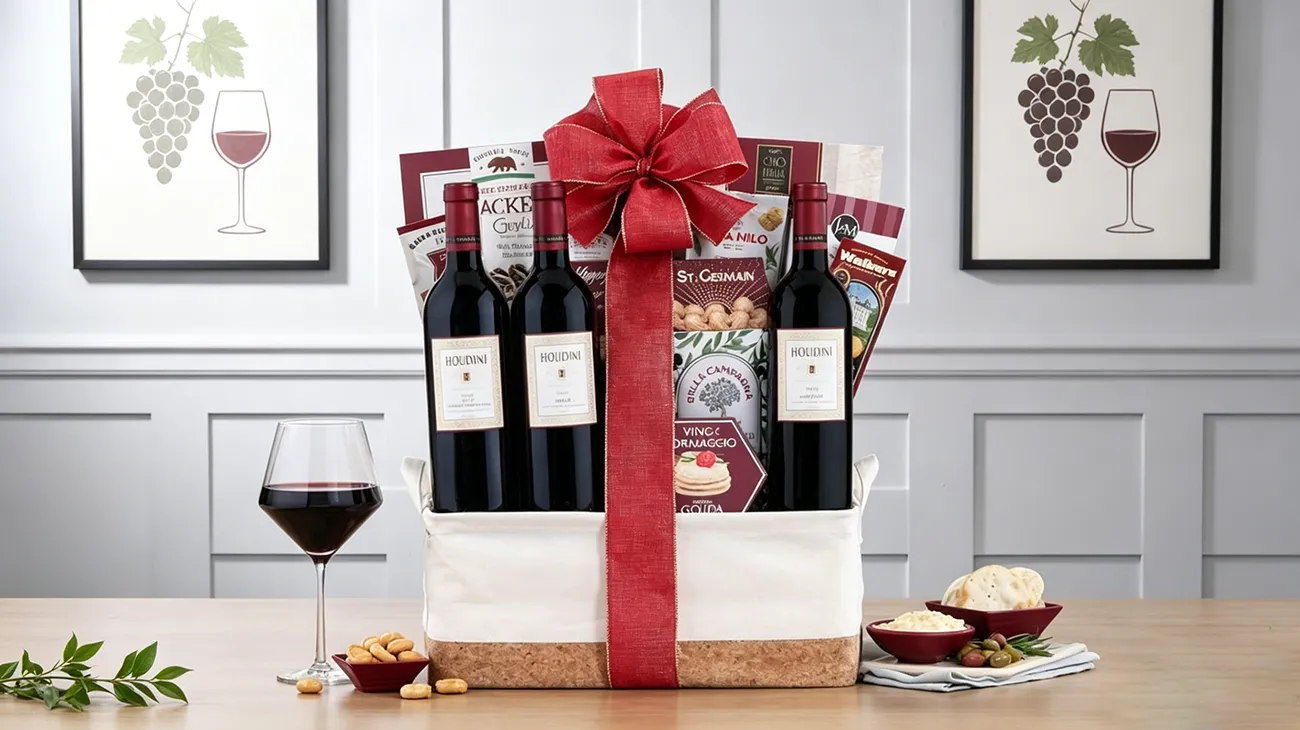 Three-Bottle Wine Carrier Box with Handle and Festive Decoration
