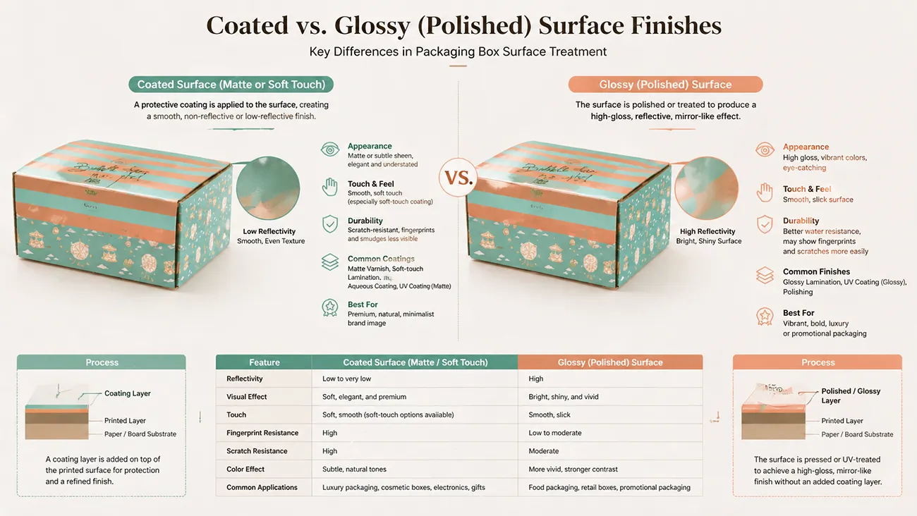 Lamination vs varnish polishing comparison chart for packaging box surface treatment