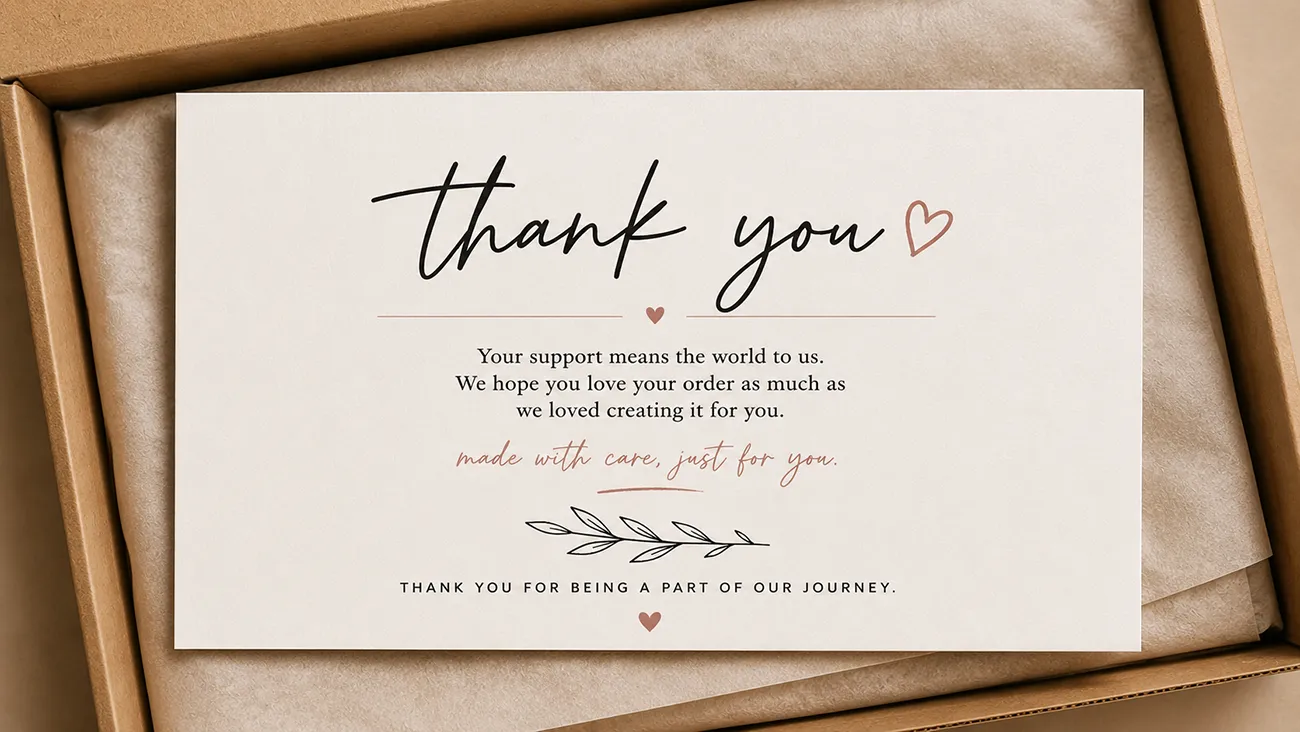 Custom printed packaging thank-you cards by Crown Win, premium cardboard thank-you cards for luxury product packaging