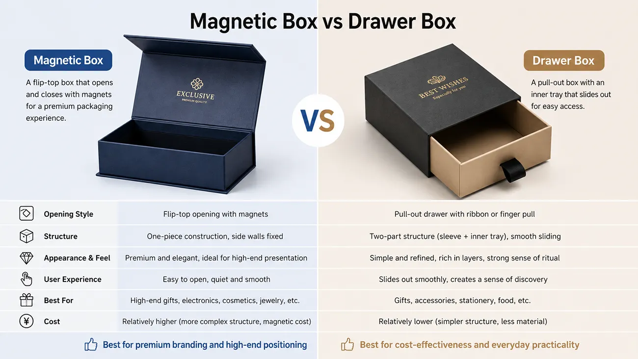 Magnetic vs drawer gift boxes comparison chart for luxury B2B packaging