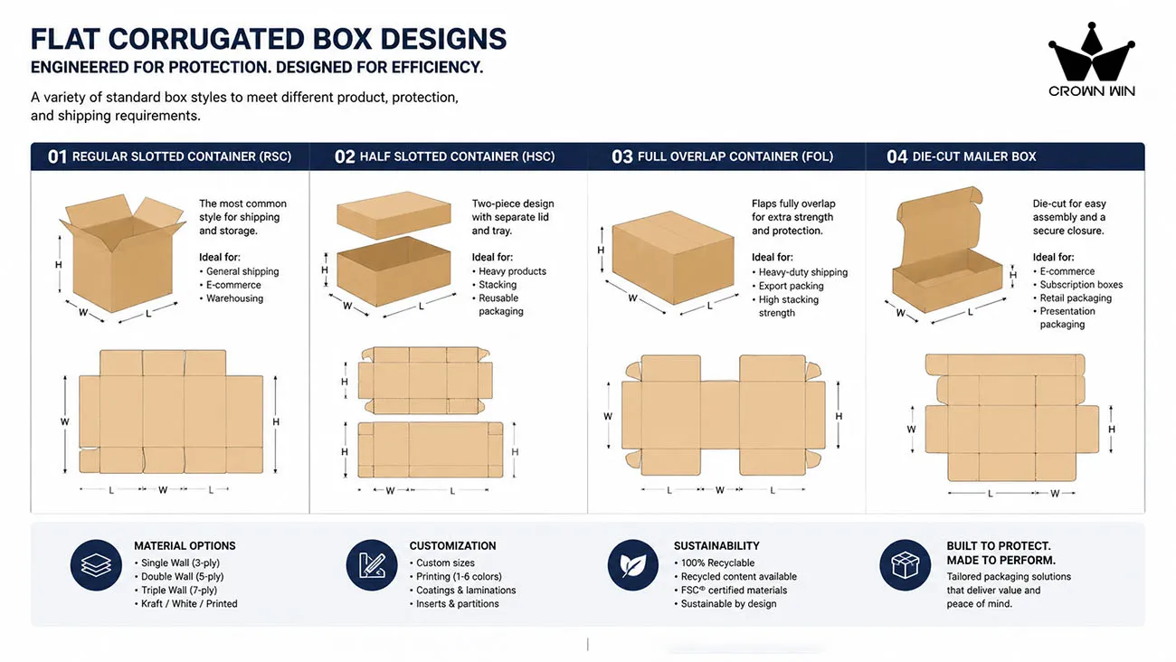 The flat packaging corrugated box structure designed by Crown Win Box manufacturer can reduce transportation volume.