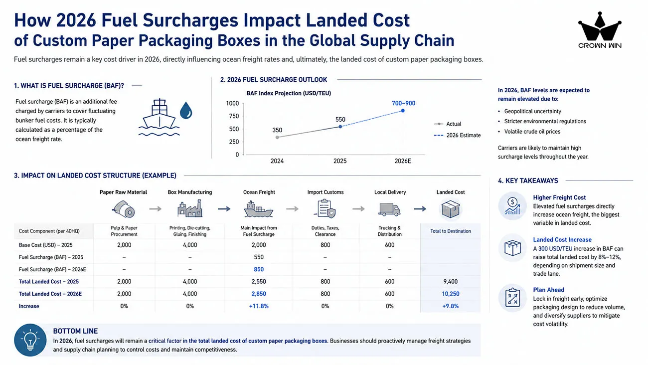 How 2026 fuel surcharges impact landed costs of custom paper packaging boxes in global supply chains