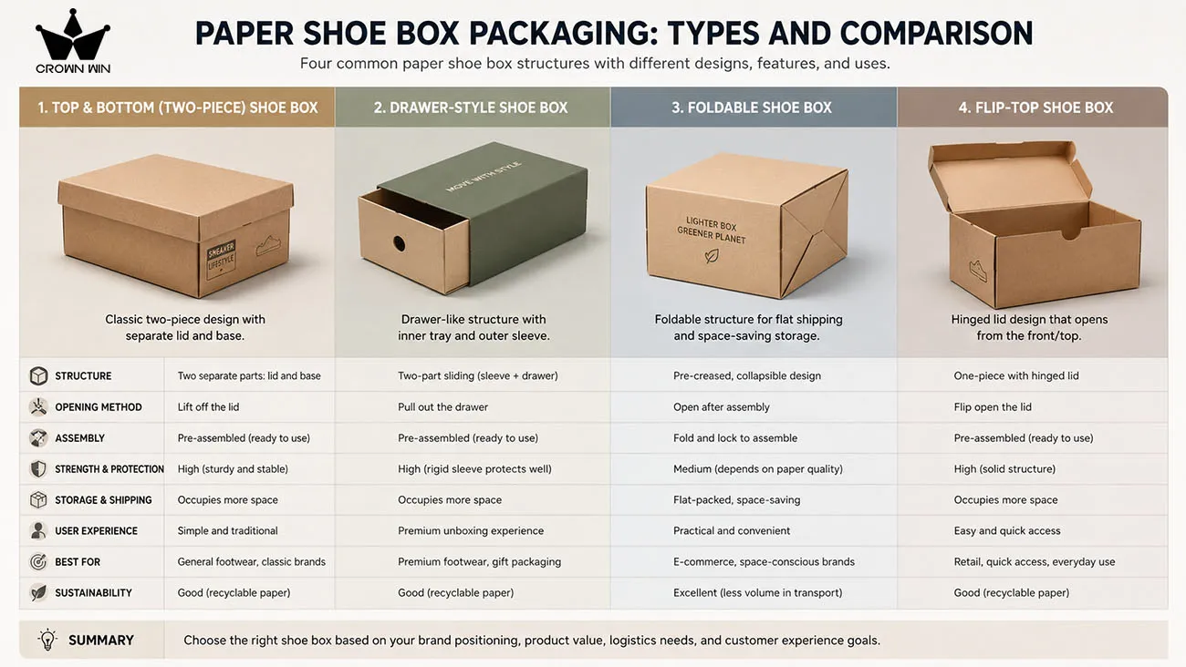 A comparative display of various custom shoe box structures