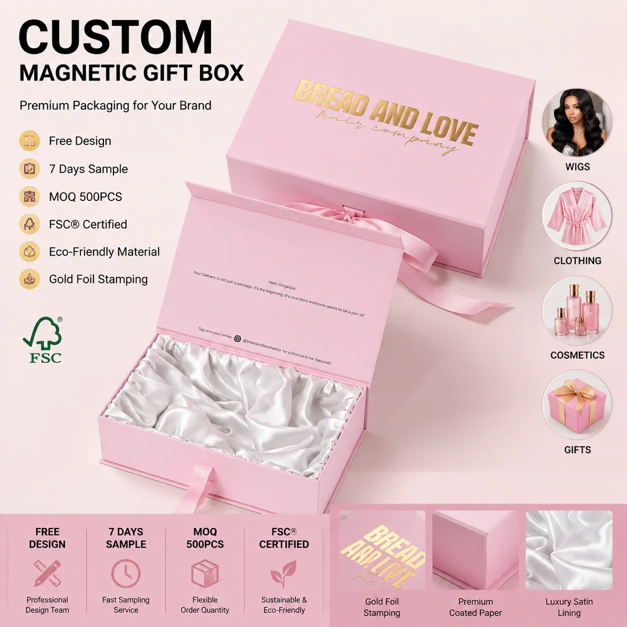 Custom Rigid Setup Box Magnetic Packaging Eco Friendly Wig Paper Gift Box with Ribbon