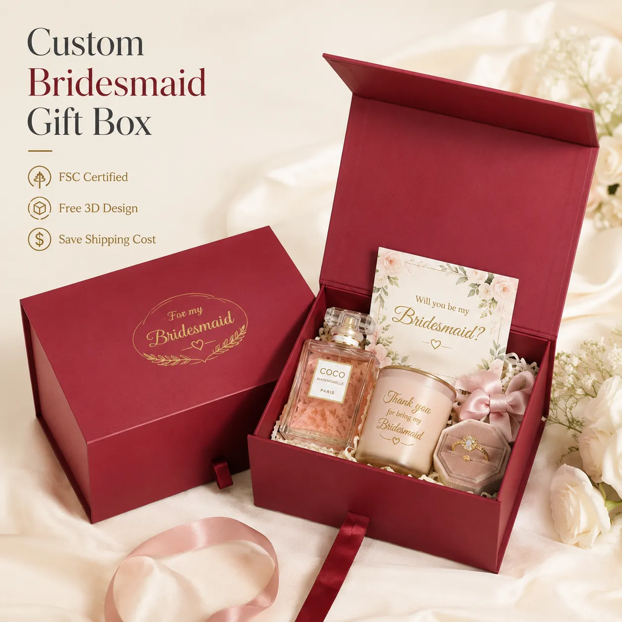  Custom Logo Cosmetics Perfume Bridesmaid Gifts Wedding Foldable Gift Box with Ribbon Crown Win