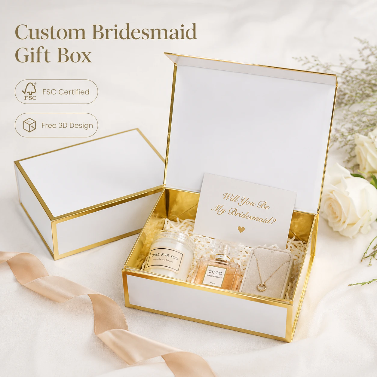 Manufacture gold foil wedding folding cardboard magnetic bridesmaid packaging gift box with FSC cardboard.