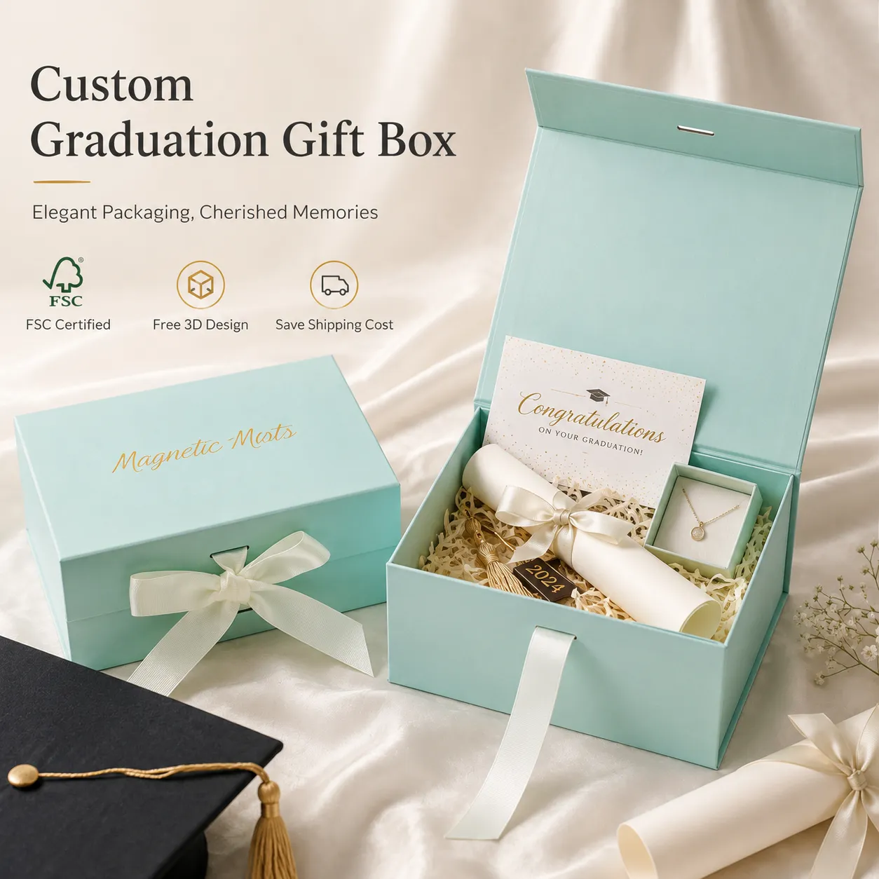 Custom Graduation Magnetic Closure Cardboard Folding Gift Paper Boxes With Ribbon
