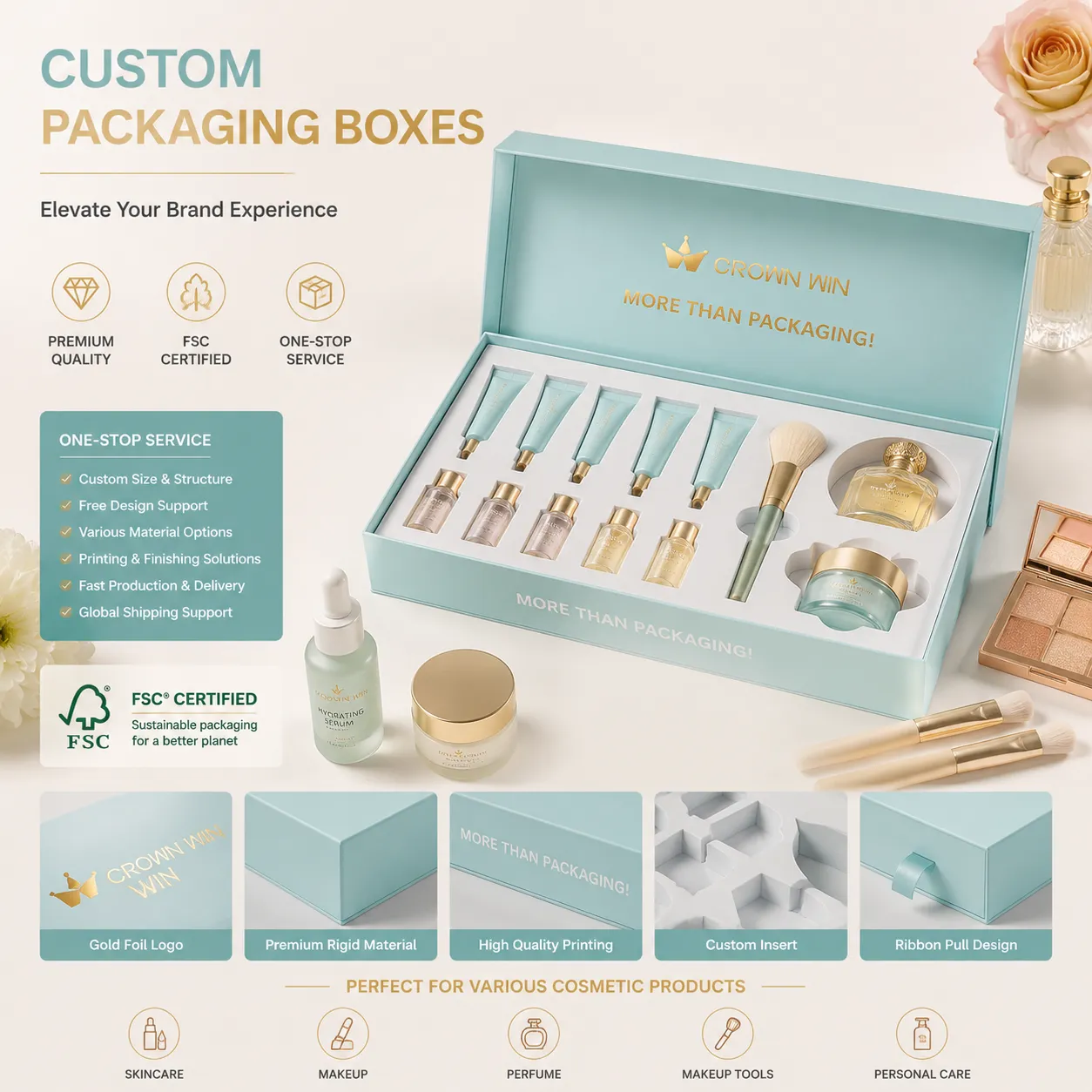   Oem Factory Beauty Products Cosmetic Perfume Essential Oils Eye Cream Packaging Paper Box with EVA Liner