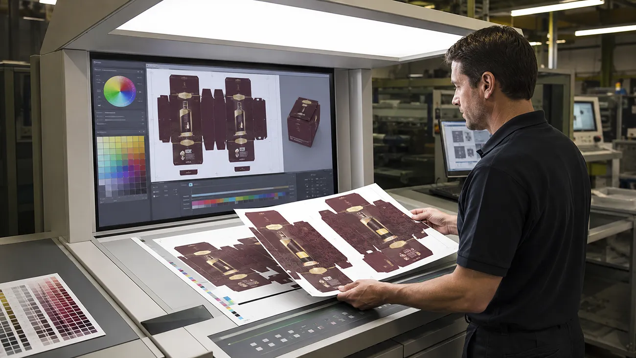 Packaging technician calibrating digital sample color proof on light table, custom liquor paper box die-cut print sheet inspection at Crown Win Box factory