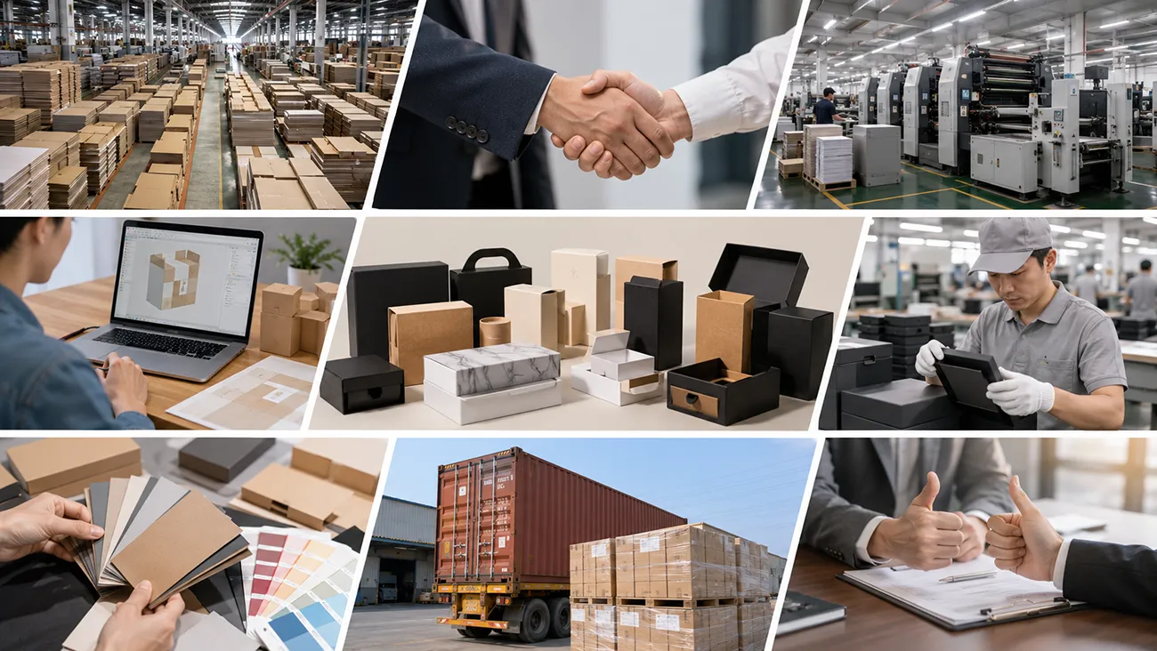 Crown Win Box Manufacturer full service collage: paper box design, digital sampling, offset printing workshop, mass production, finished packaging boxes and global shipping