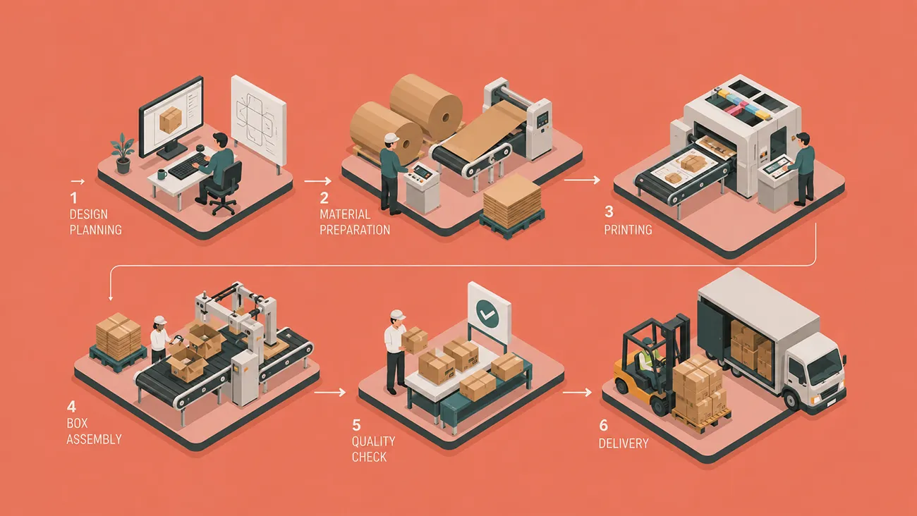 6-step pre-launch paper packaging production workflow including design planning, material preparation, printing, box assembly, quality check and delivery by Crown Win Box Manufacturer, custom product launch packaging manufacturing process infographic