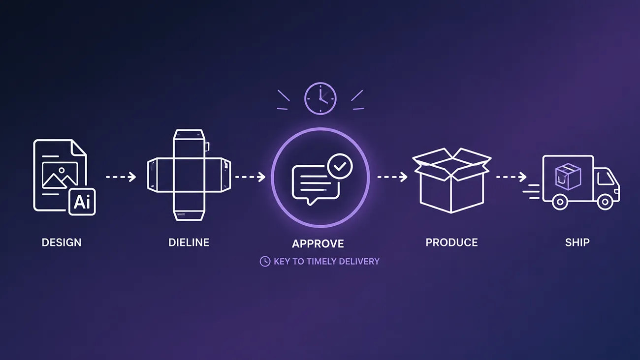 Paper packaging full production flowchart: Design, Dieline, Artwork Approval, Production, Shipping; artwork sign-off is key to shorten packaging lead time | Crown Win Box Manufacturer