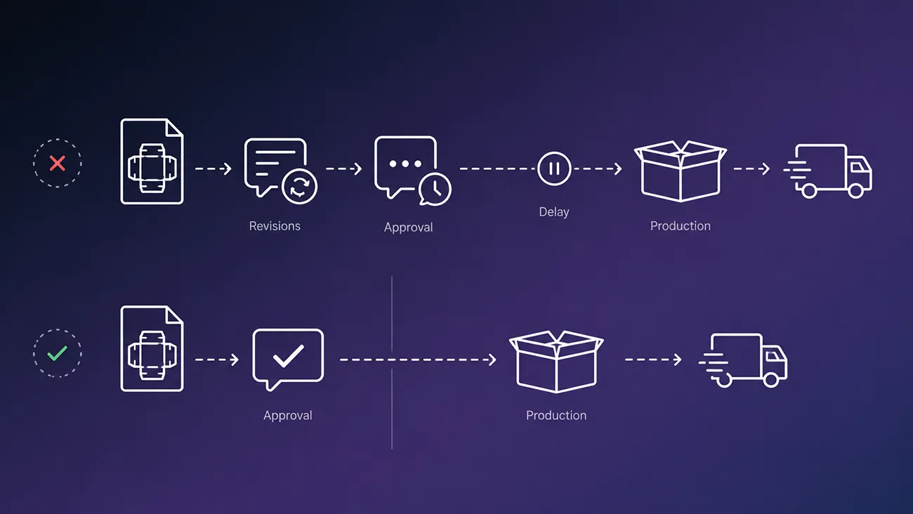 Comparison diagram showing how repeated artwork revisions delay packaging lead time vs streamlined fast artwork approval workflow at Crown Win Box Manufacturer custom paper packaging factory