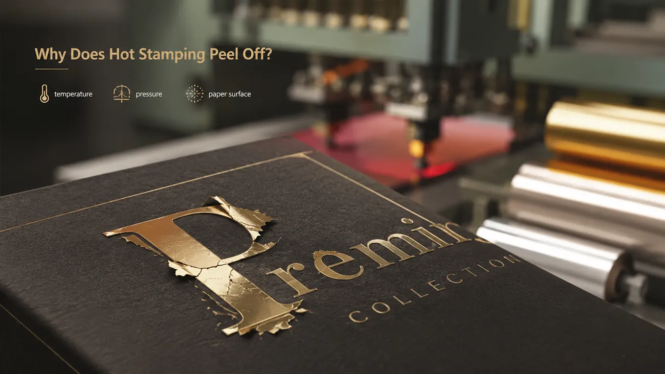 Foil stamping peeling defect on black luxury packaging box, hot stamping adhesion issue and premium packaging finishing solution by Crown Win Box Manufacturer