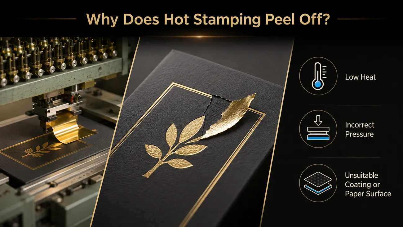 Why does hot stamping peel off: low heat, incorrect pressure, unsuitable coating or paper surface causing foil stamping defects on custom paper packaging