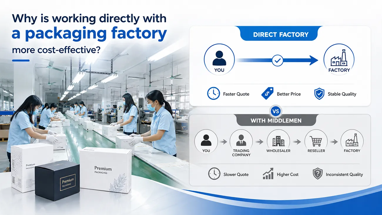 Infographic comparison between direct packaging factory cooperation and middlemen sourcing, showing better price, faster quote and stable quality from Crown Win Packaging