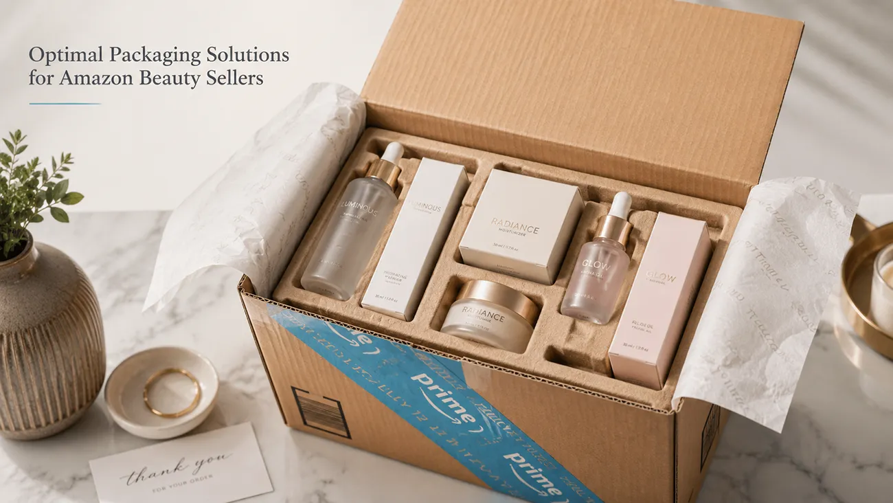 Complete custom packaging for Amazon beauty gift set, molded pulp inserts holding multiple skincare bottles inside Amazon FBA shipping box