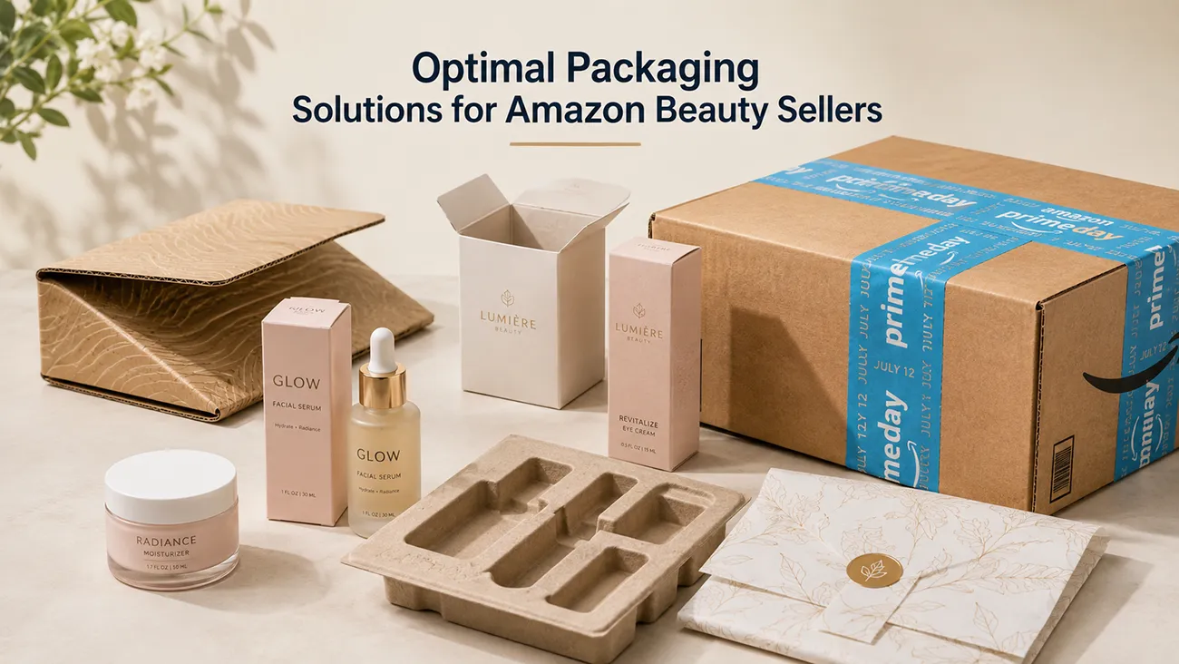 Custom cosmetic packaging components for Amazon beauty sellers, folding boxes, molded pulp inserts and FBA shipping mailer boxes from Crown Win Box Manufacturer