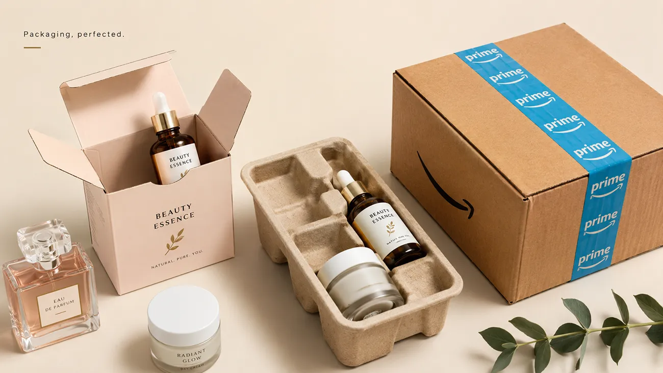 Complete custom packaging for Amazon beauty gift set, molded pulp inserts holding multiple skincare bottles inside Amazon FBA shipping box