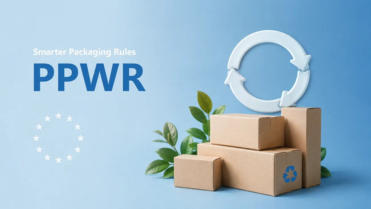 PPWR 2026 banner, kraft paper boxes with EU flag and recycling icon for global brands exporting to European market