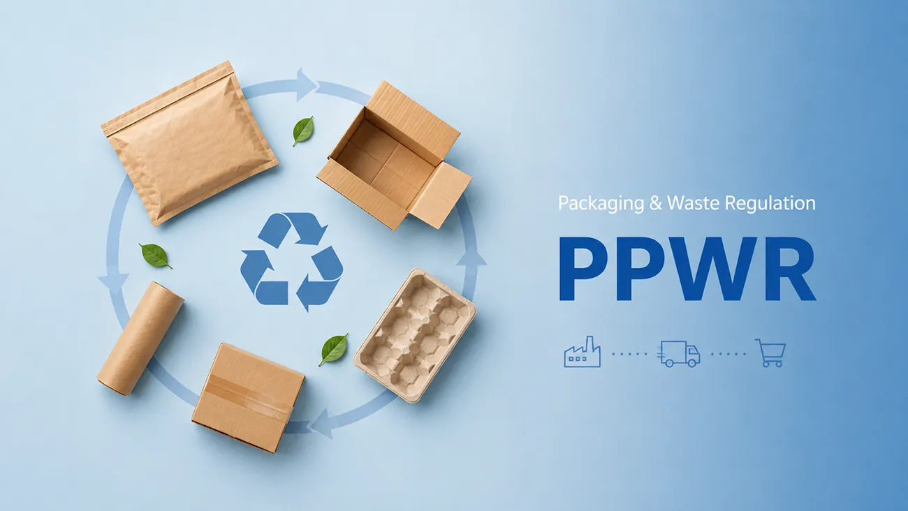 PPWR packaging & waste regulation infographic, various recyclable kraft paper packaging showing circular economy supply chain