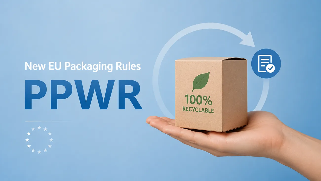 New EU PPWR packaging rules, hand holding 100% recyclable paper box with compliance document checkmark icon
