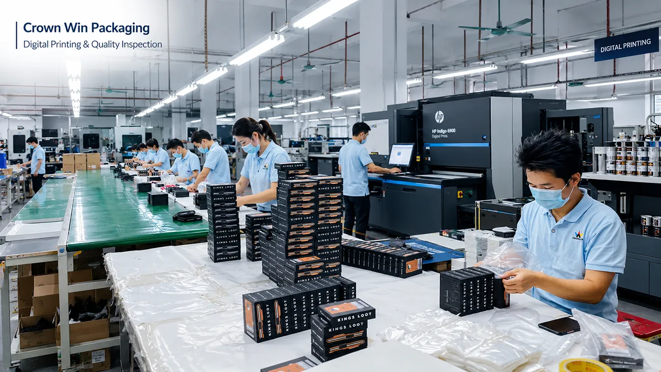Digital printing and quality inspection area at the Crown Win Packaging factory