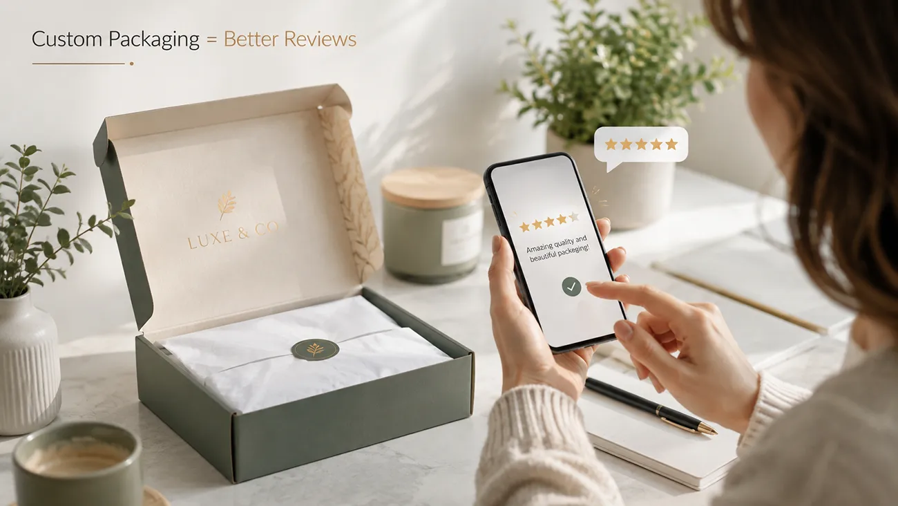 Shopper leaving 5‑star online review on smartphone, impressed by luxury custom paper packaging unboxing experience