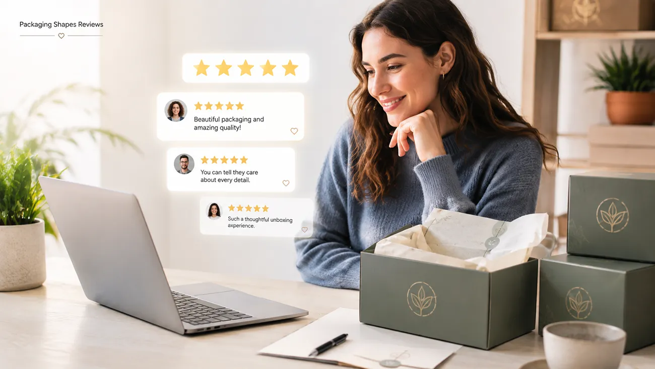 Customer reading positive five‑star reviews after unboxing premium custom branded paper packaging for e‑commerce brand