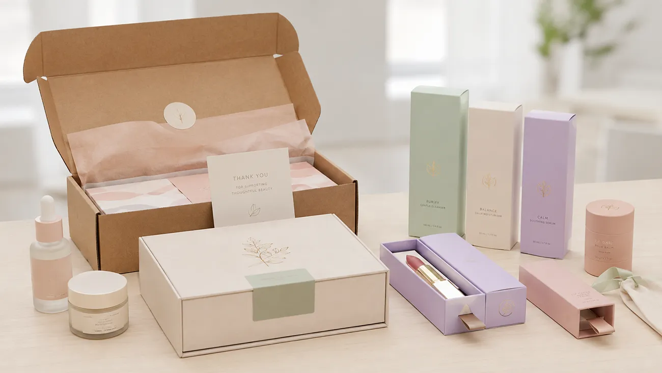 Sustainable beauty gift set packaging with moulded paper insert, plastic‑free for EU e‑commerce compliance