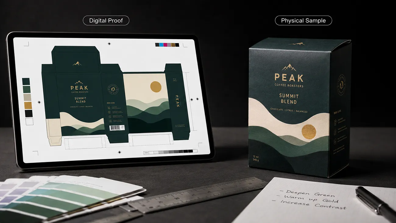 Tablet showing custom packaging digital proof next to real physical sample box for B‑side buyers pre‑production quality confirmation