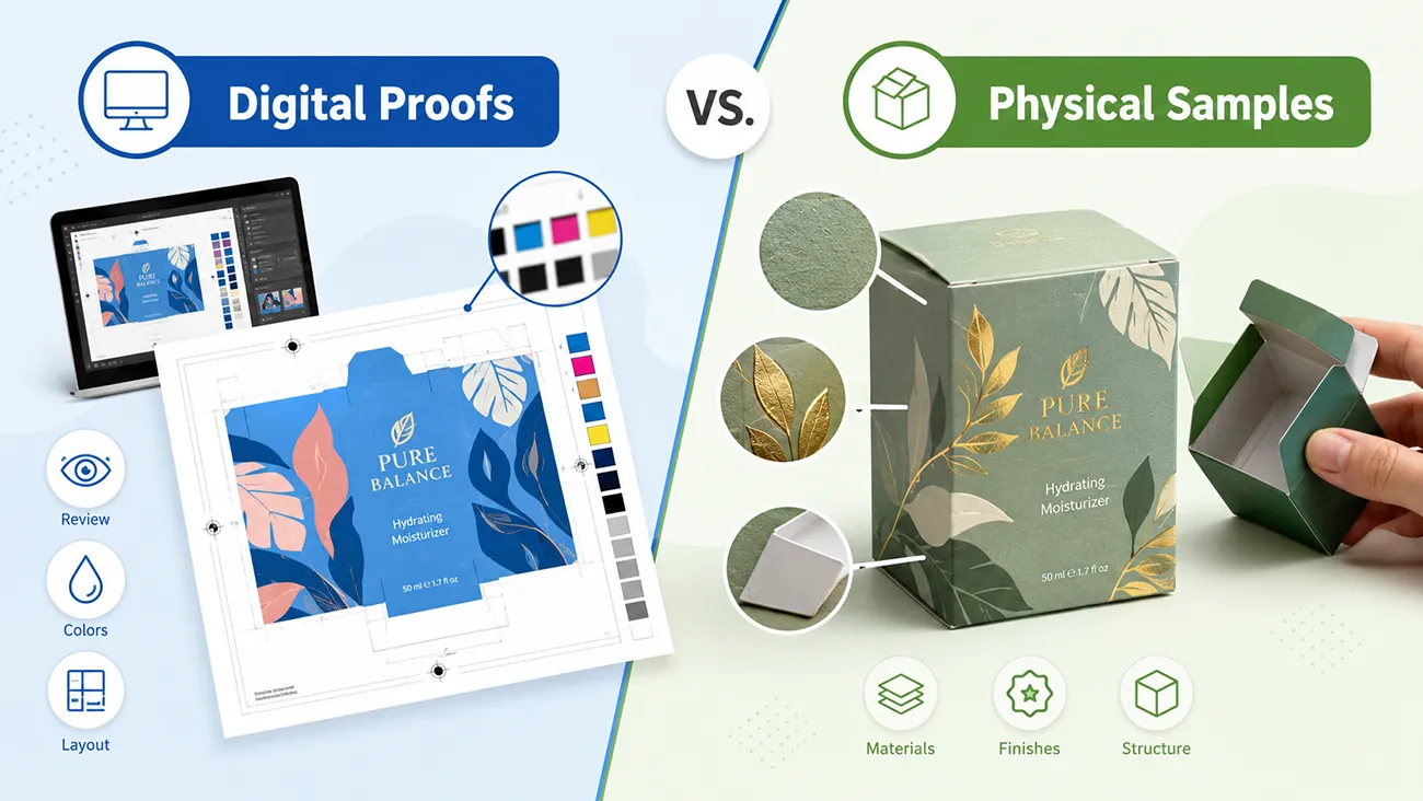 Digital proofs vs physical samples comparison for custom paper packaging, review layout, colours, materials and finishing for export brands