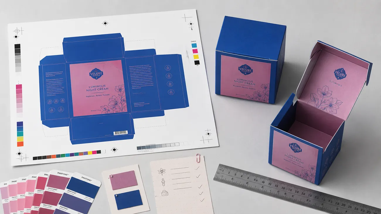 Custom cosmetic packaging digital dieline proof alongside finished physical paper samples with pantone colour swatches and dimension checking