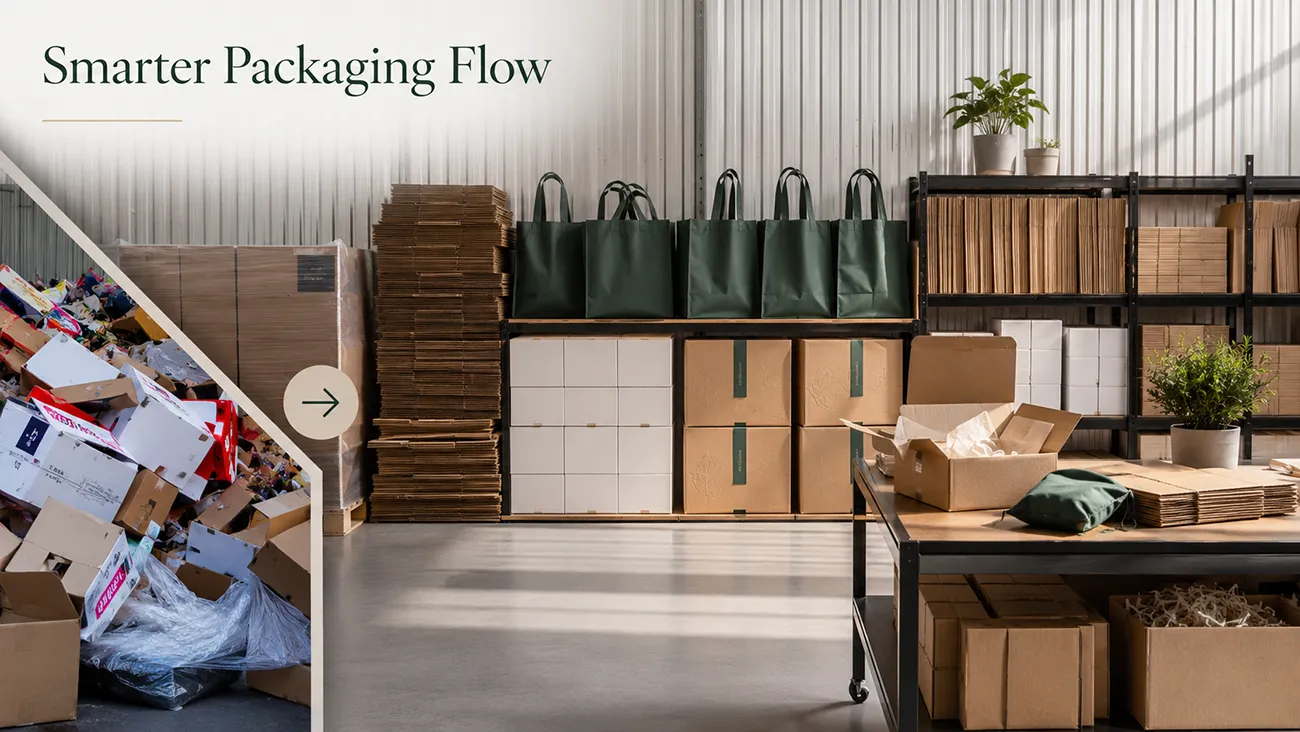 Smarter packaging flow showing transition from packaging waste to sustainable luxury custom paper packaging solutions