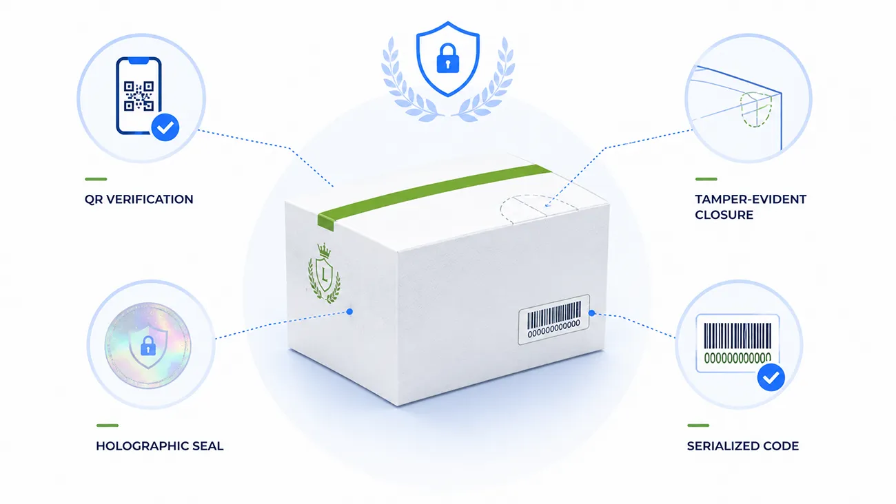 Anti‑counterfeit features infographic for custom luxury paper boxes: QR verification, holographic seal, tamper‑evident closure, serialized code