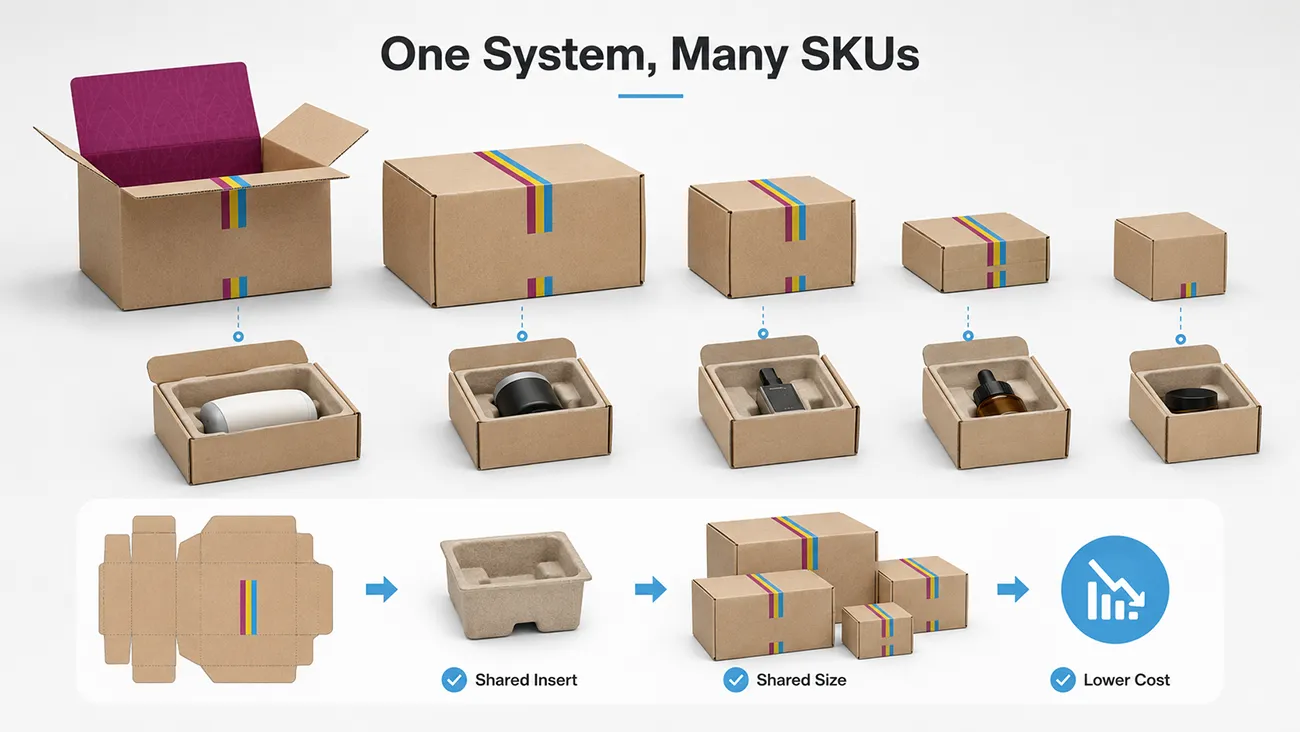 Custom product line packaging with shared box system and interchangeable inserts for multi-SKU brands