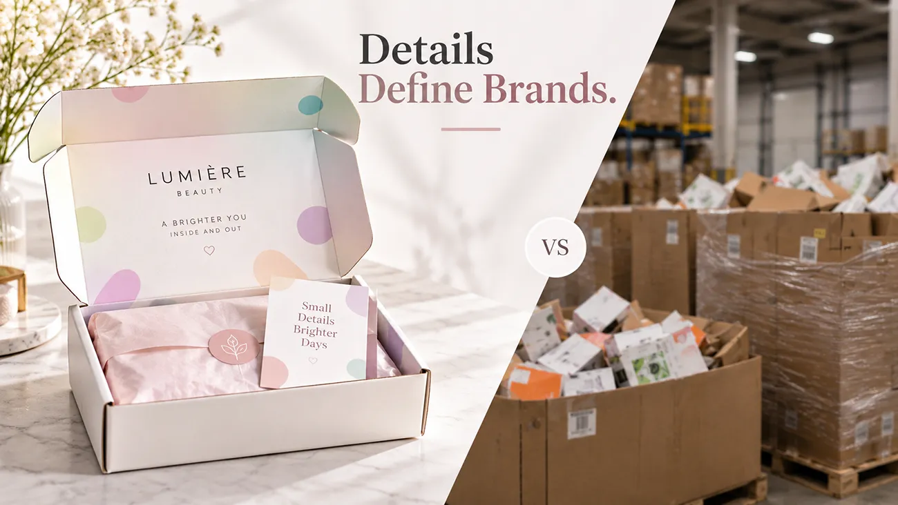 Refined custom printed paper boxes versus generic packaging, showing how small details define brand perception