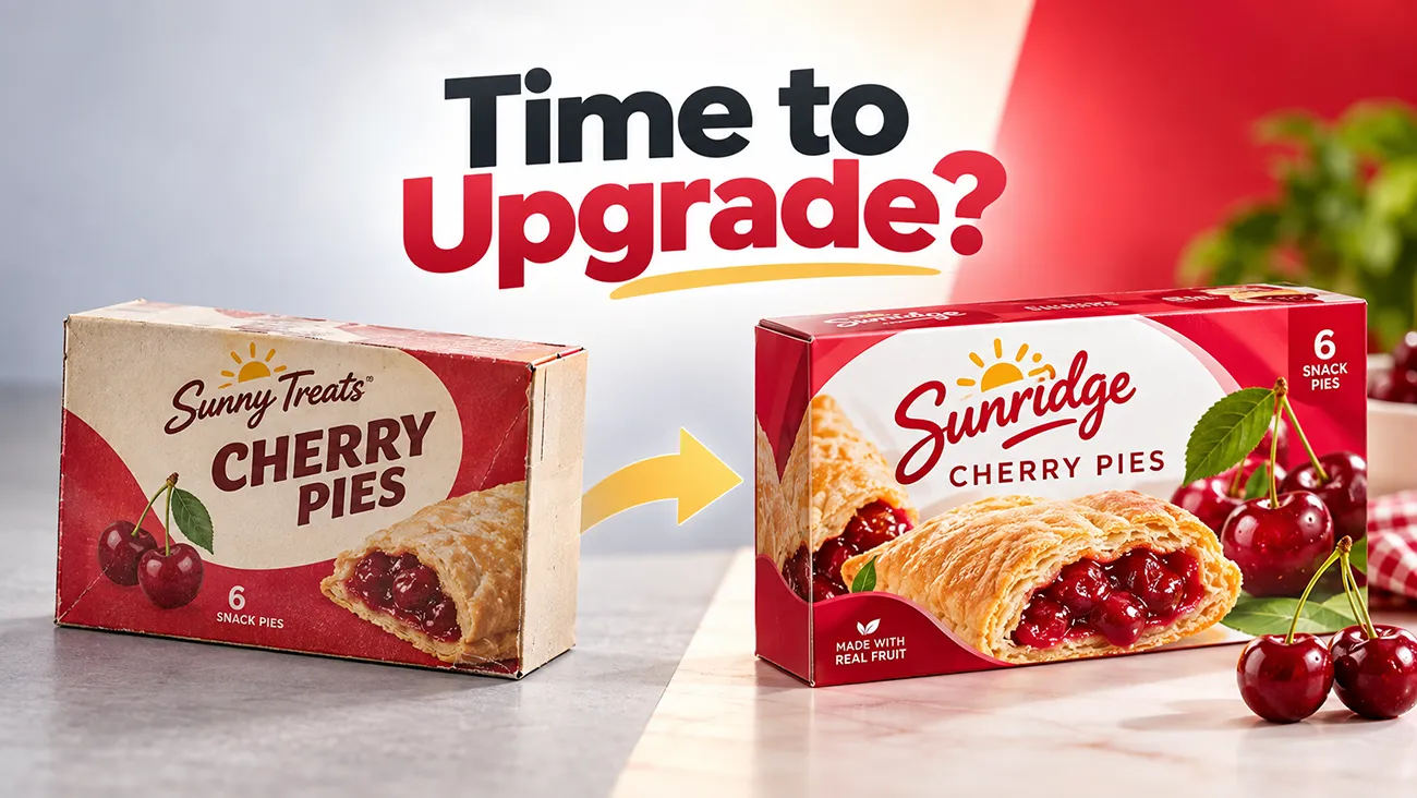 Old and new cherry pie custom paper packaging side-by-side, brand packaging redesign project for cross-border export brands