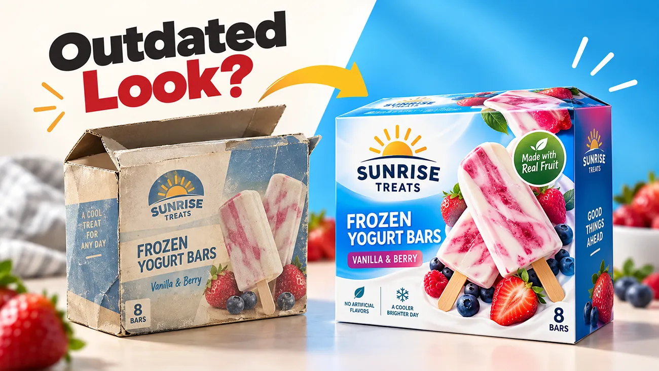 Outdated worn paper box and newly redesigned custom printed packaging, brand packaging refresh for export food products