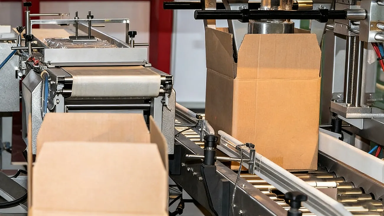 Box folding and gluing production line for finished custom printed paper boxes ready for export quality inspection