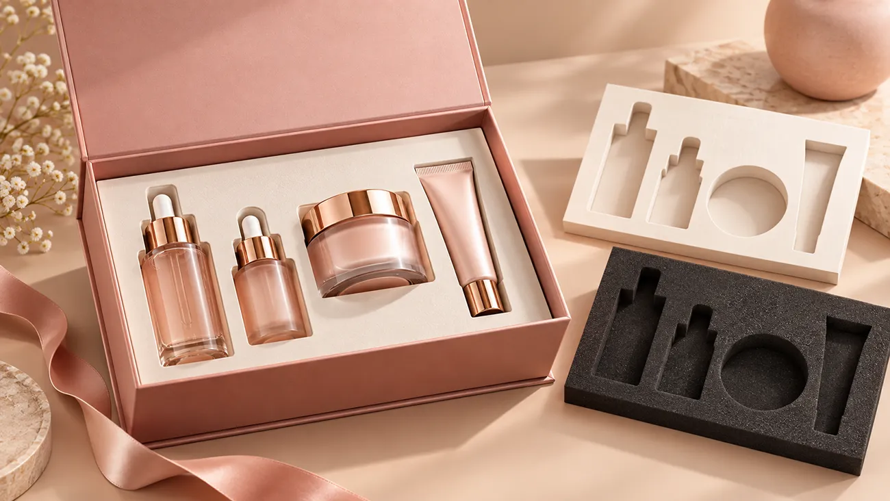 Custom packaging inserts and beauty product kit layout, die-cut insert structure and luxury gift box presentation
